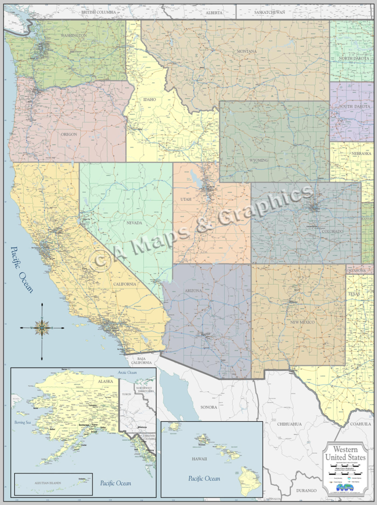 New Detailed Wall Map Western Usa Laminated | Printable Map of Western States USA