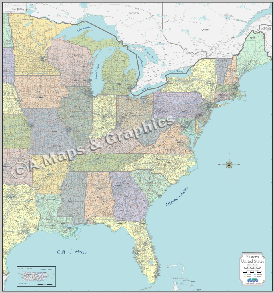 New High-Detail Wall Map Eastern Usa Laminated | Map Of Eastern Half Of Usa