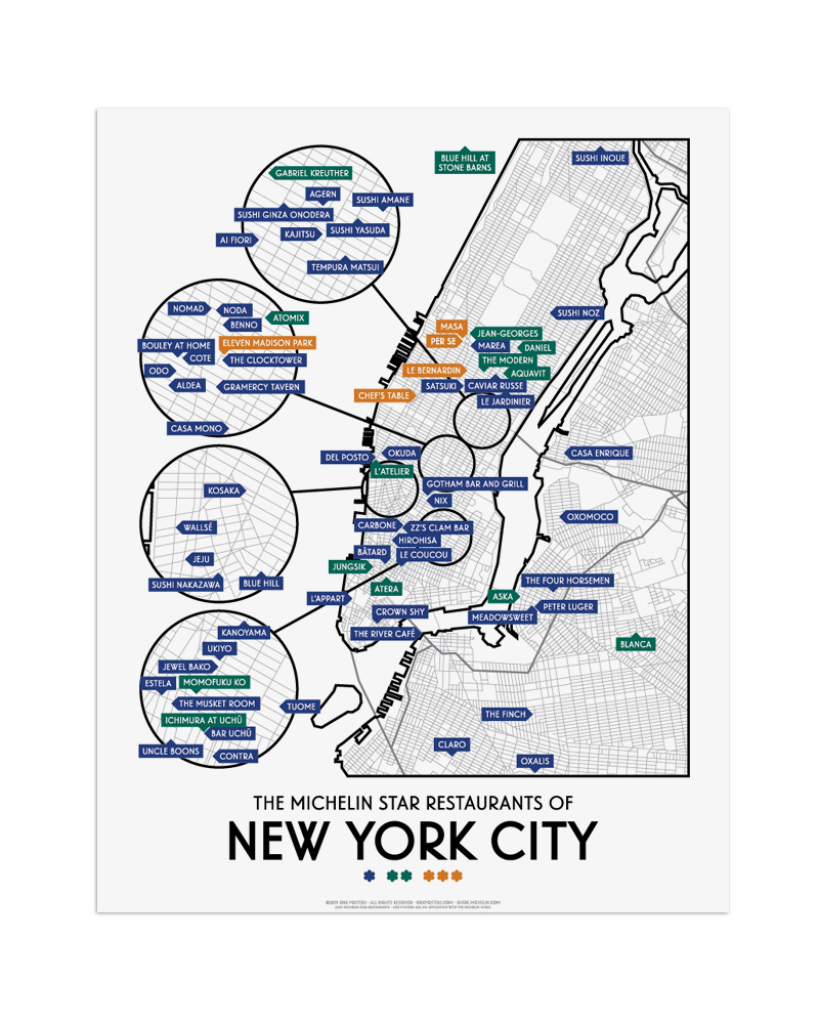 New York City 2020 Michelin Star Restaurants Map 11&amp;quot; X 14&amp;quot; Print | Map of Michelin Star Restaurants USA