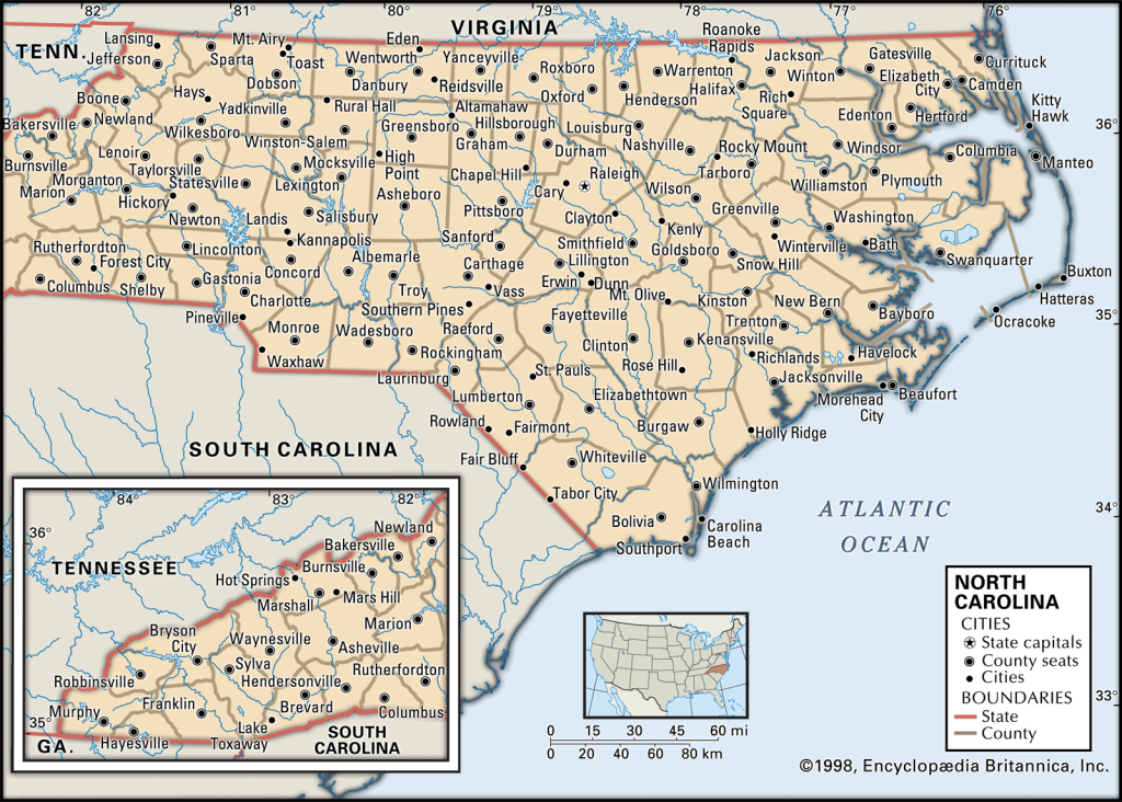 North Carolina | Capital, Map, History, &amp;amp; Facts | Britannica | Map of North Carolina USA