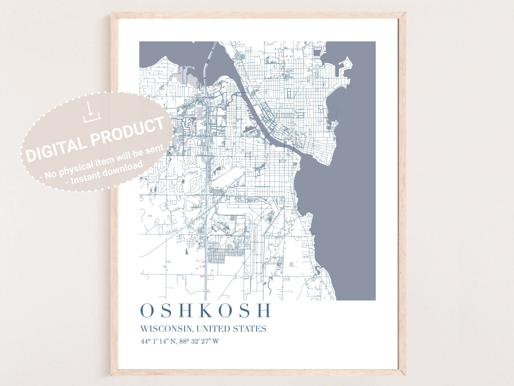 Oshkosh Wisconsin Map Digital Download, Street Map Of Oshkosh | Map Of Oshkosh Wisconsin Usa