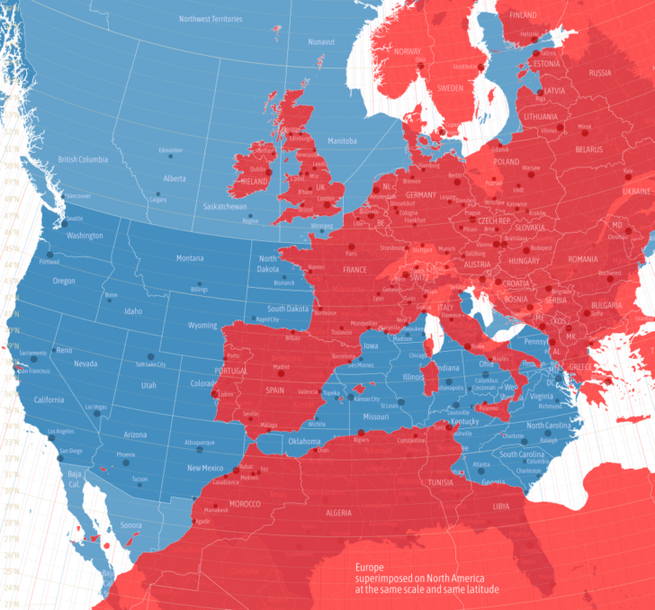 Map of the USA and Europe