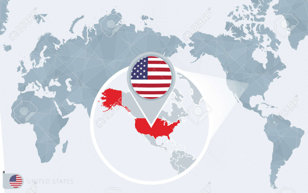Pazifikzentrierte Weltkarte Mit Vergrößerten Usa. Flagge Und Karte | Map of USA and Asia