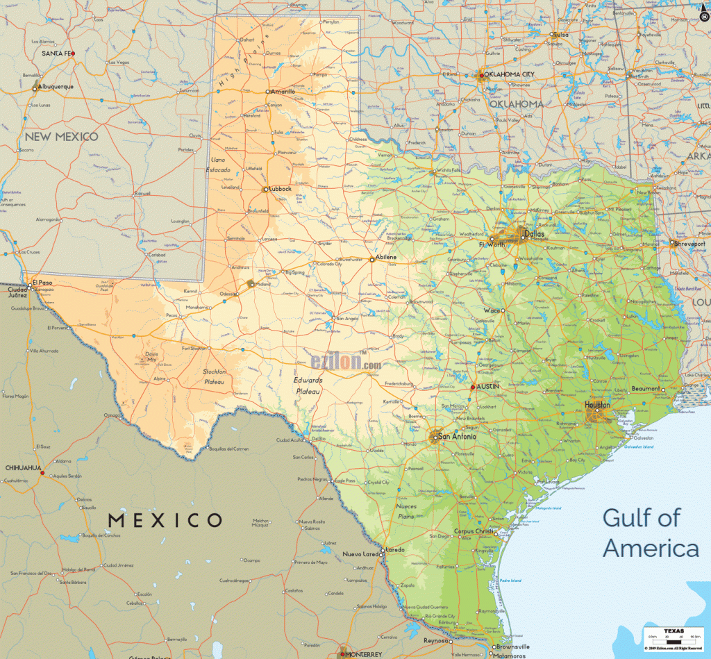 Physical Map Of Texas State Usa - Ezilon Maps | The Map Of Texas Usa