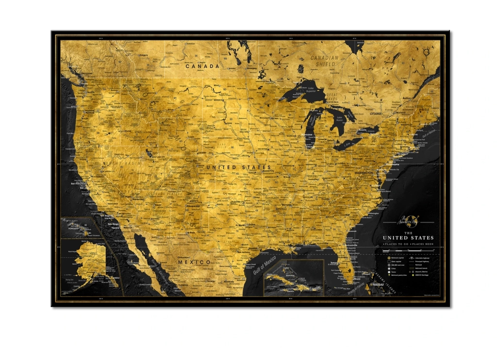 Push Pin Travel Map Usa | Gold Design | Map of USA Picture Frame