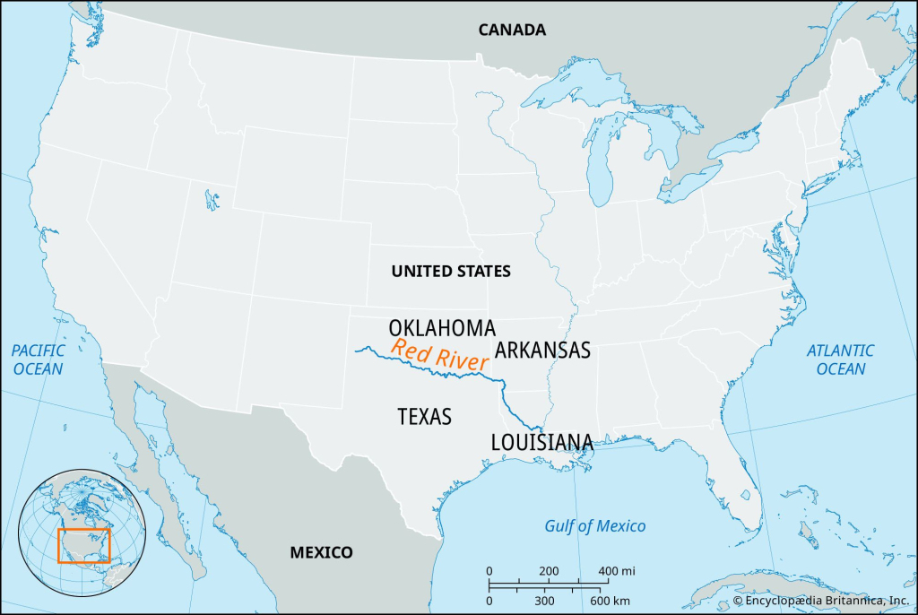 Red River | Map, Texas, Oklahoma, &amp;amp; Arkansas | Britannica | Map of Red River USA