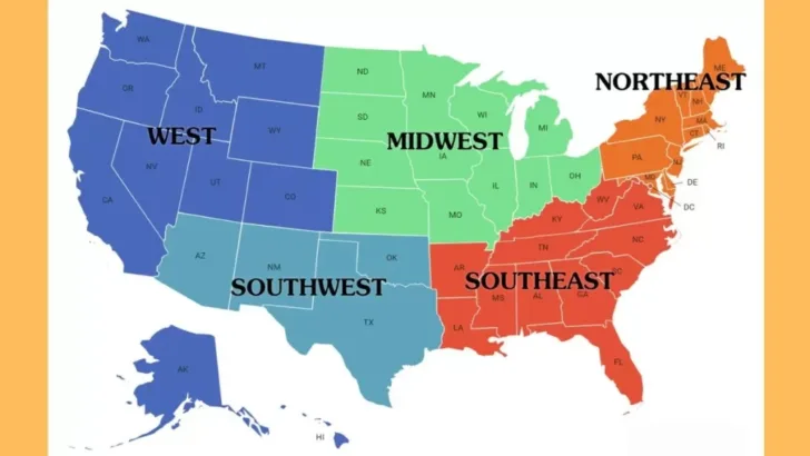 Map of USA North South East West
