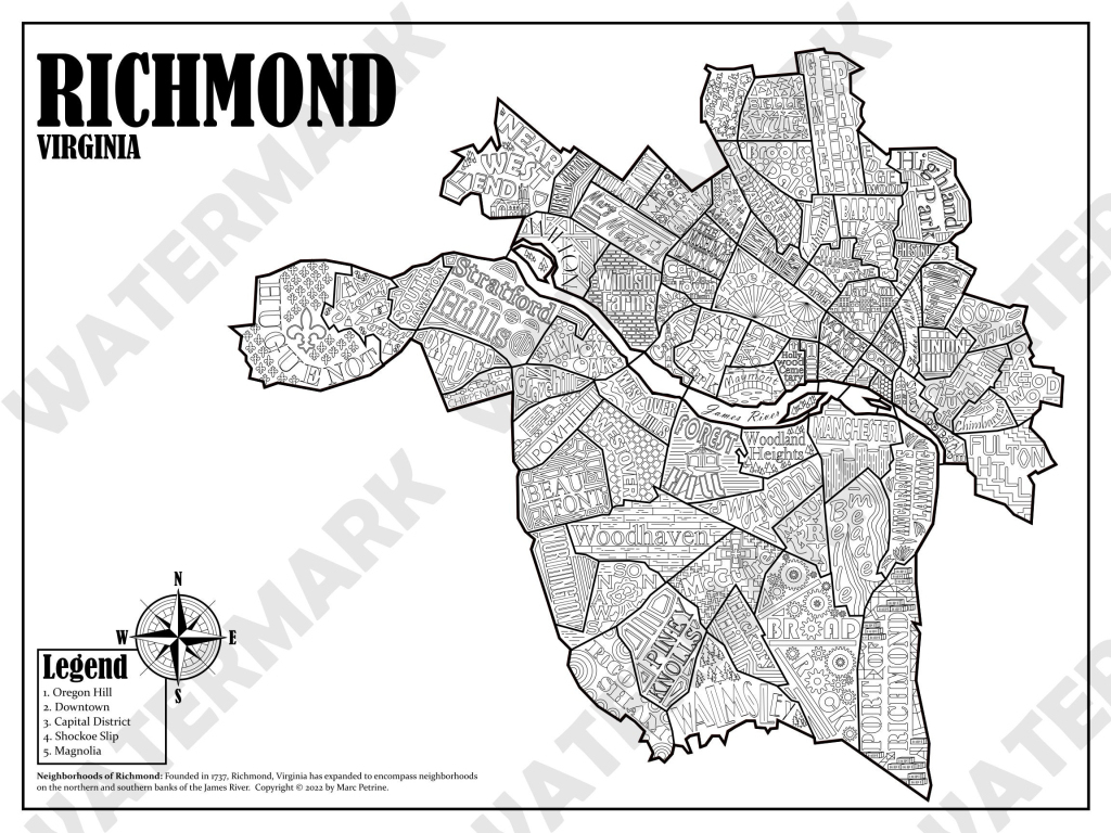 Richmond, Virginia Neighborhoods Map - Etsy.de | Map Of Richmond Virginia Usa