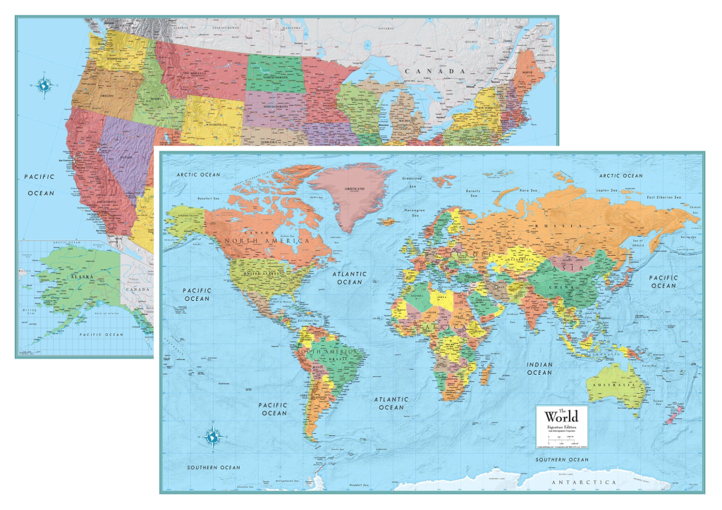 Rmc Signature United States Usa And World Wall Map Set - Laminated | World Map of USA with States