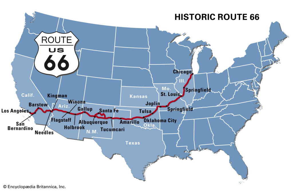 Route 66 | History, Map, Popular Culture, &amp;amp; Facts | Britannica | Map of Route 66 USA
