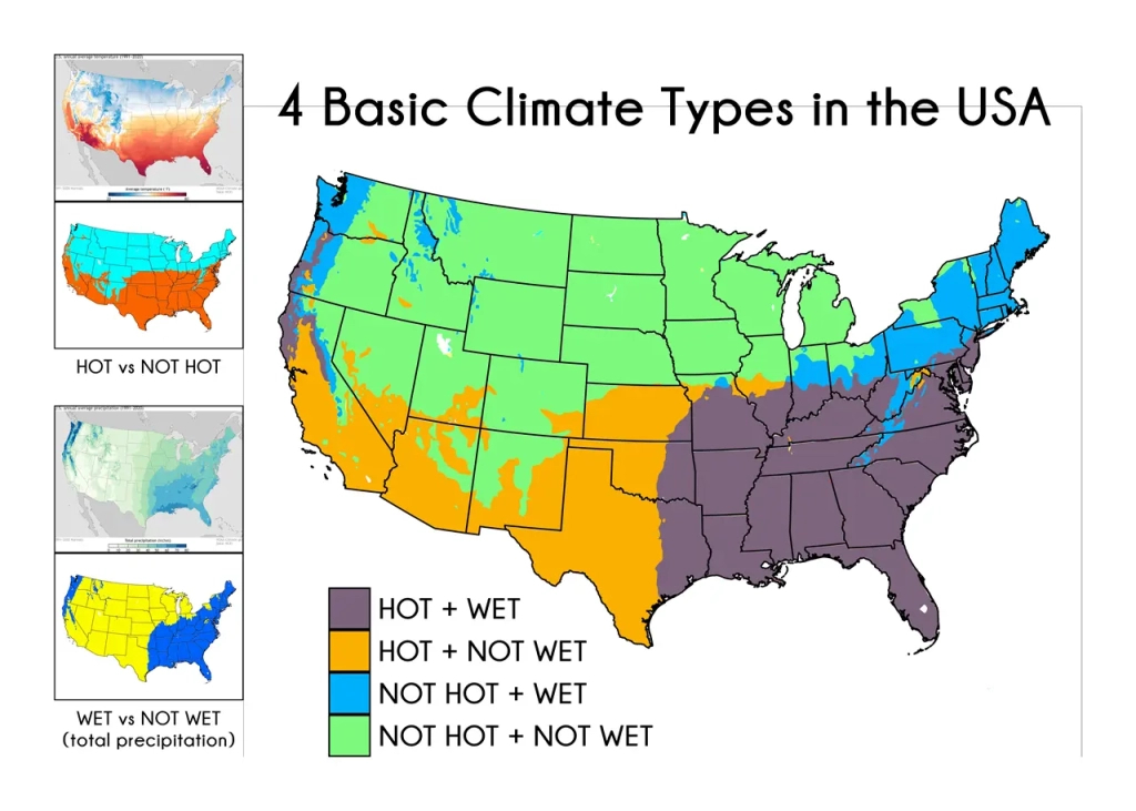 Simplified Map Of The 4 Basic Climates In The Usa Hot &amp;amp; Wet | Climate Map of the USA