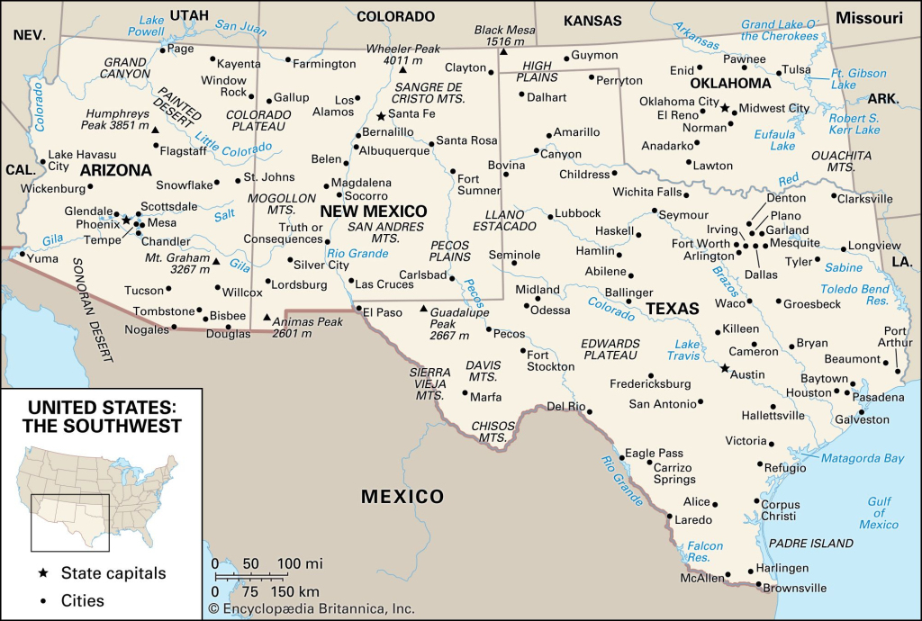 Southwest | History, Population, Demographics, &amp;amp; Map | Britannica | Map of Southwest USA with Cities