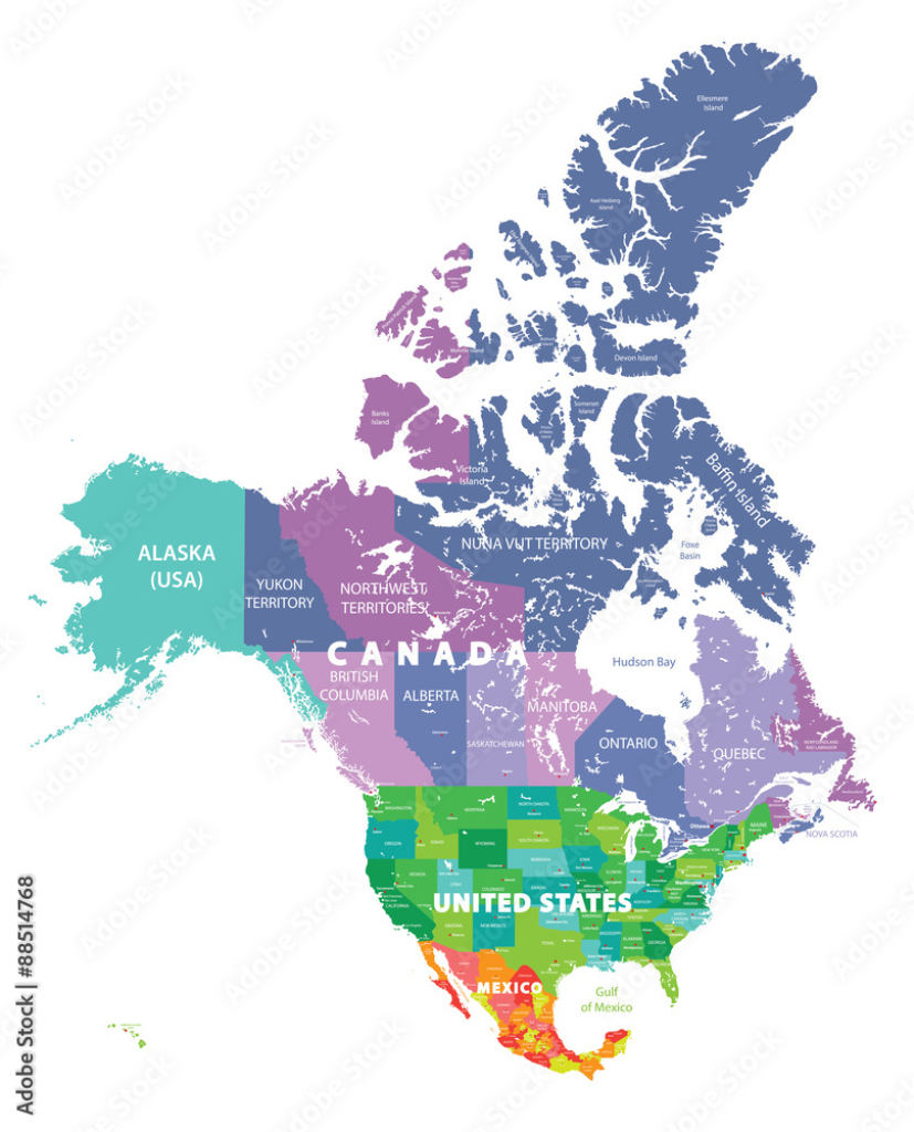Stock-Vektorgrafik „Colored Map Of United States, Canada And | Map of USA States and Mexico