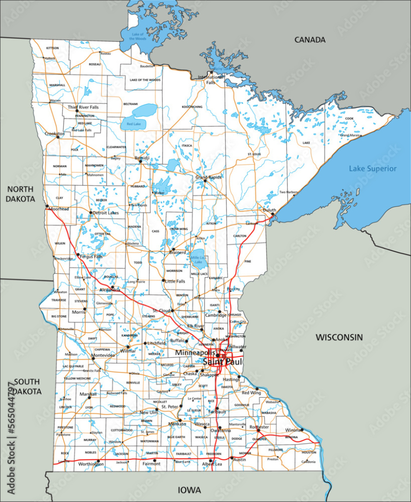 Stock-Vektorgrafik „High Detailed Minnesota Road Map With Labeling | Road Map Of Minnesota Usa