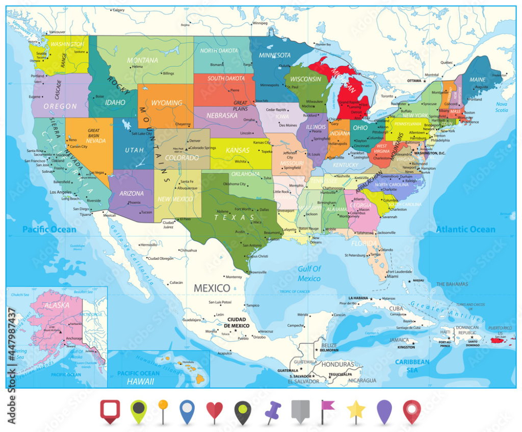 Stock-Vektorgrafik „Political Map Of Usa And Flat Map Pointers | Flat Map of the USA