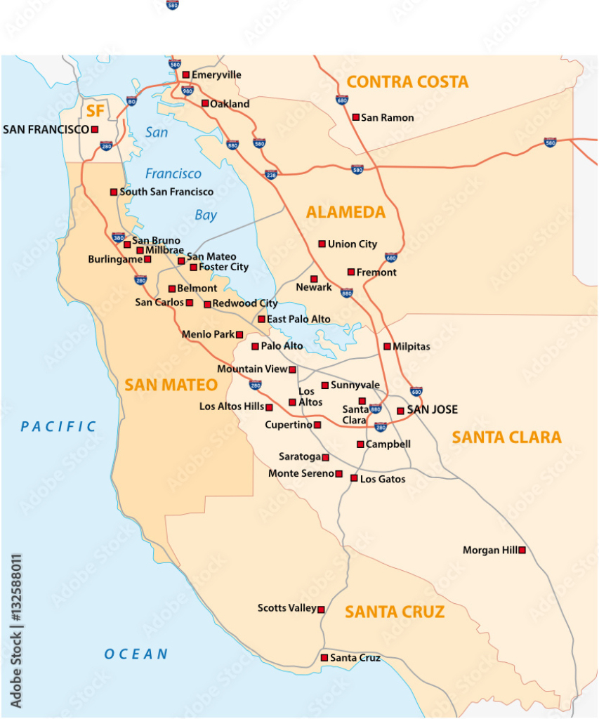 Stock-Vektorgrafik „Survey Vector Map Of Californian Silicon | Silicon Valley on Map of USA