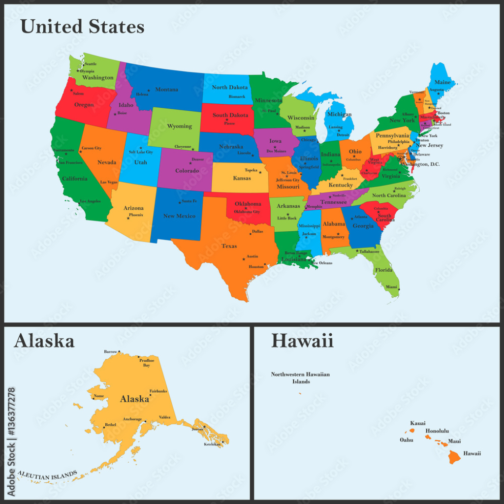 Stock-Vektorgrafik „The Detailed Map Of The Usa Including Alaska | Map Of The Usa With Major Cities