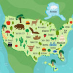 Stock Vektorgrafik „Tourist Infographics About America. Cartoon | Map Of Tourist Attractions In USA