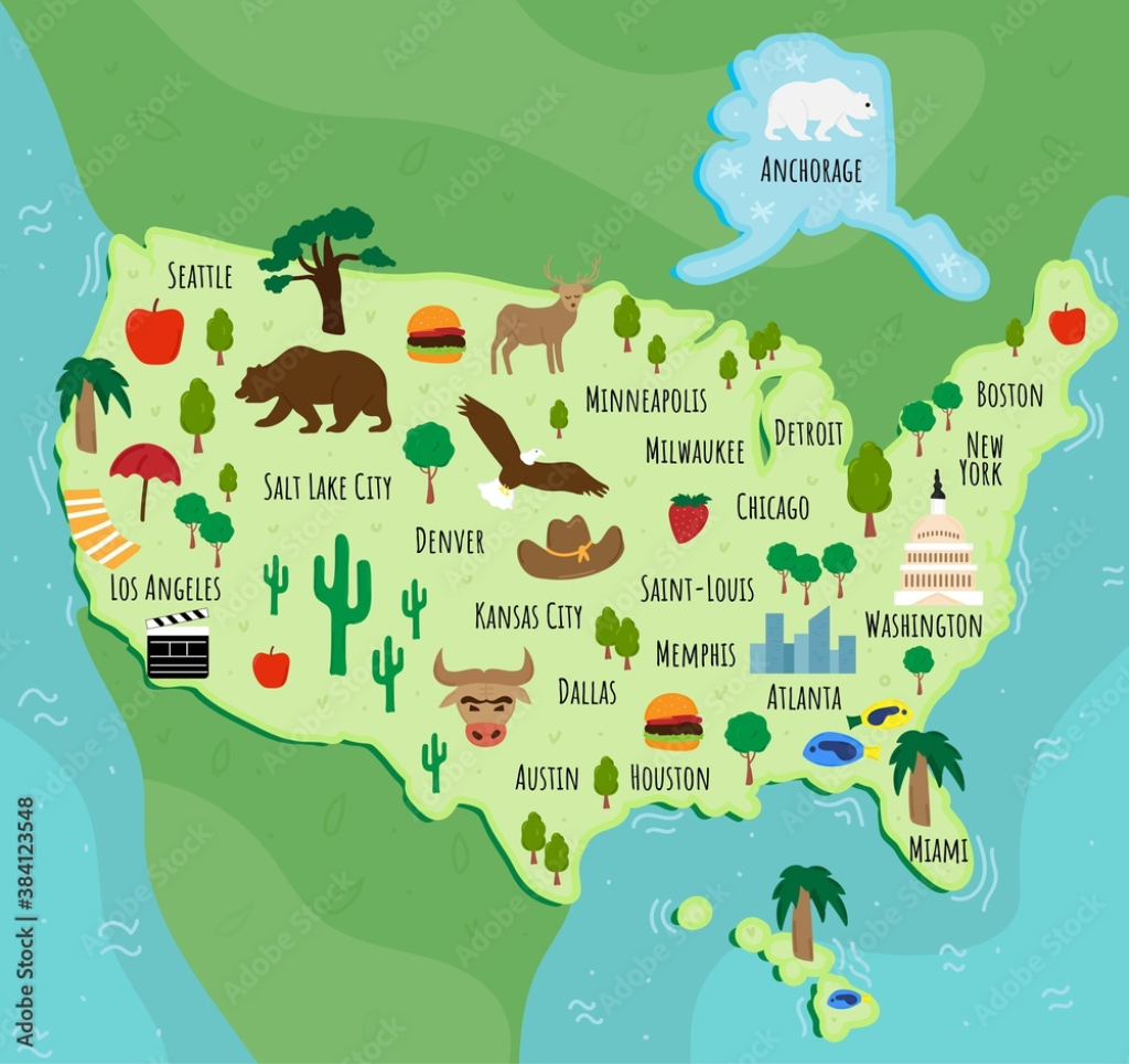 Stock-Vektorgrafik „Tourist Infographics About America. Cartoon | Travel Map of the USA