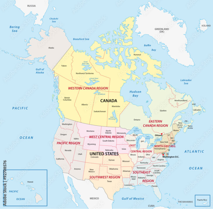 States of USA and Canada Map