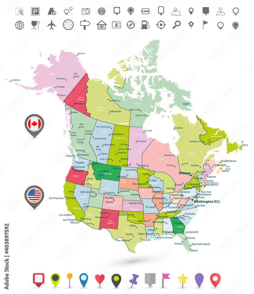 Stock-Vektorgrafik „Usa And Canada Detailed Political Map With | Political Map Of Usa And Canada