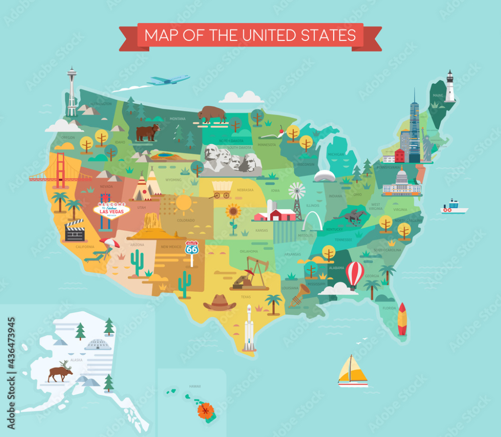 Stock-Vektorgrafik „Usa Tourist Map With Famous Landmarks And | Map Of Landmarks In Usa