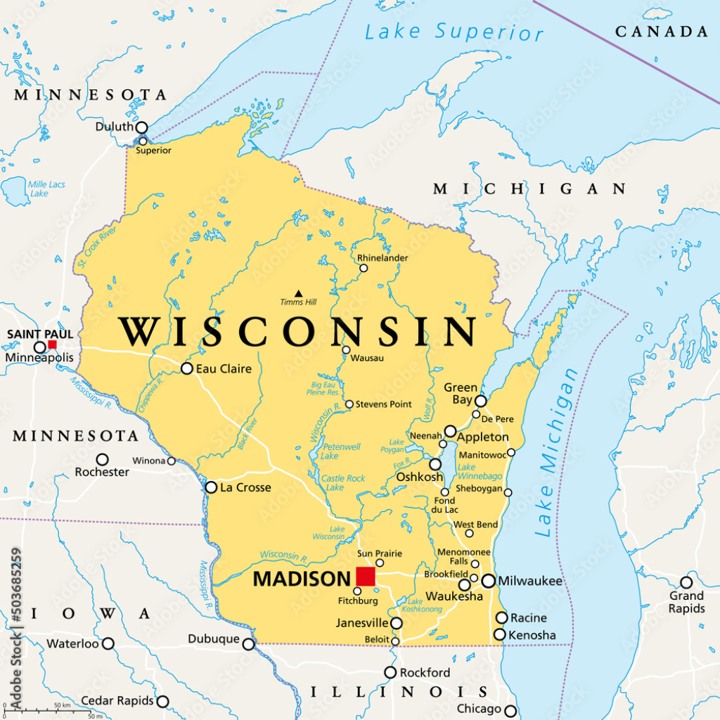 Stock-Vektorgrafik „Wisconsin, Wi, Political Map, With The Capital | State Map Of Wisconsin Usa