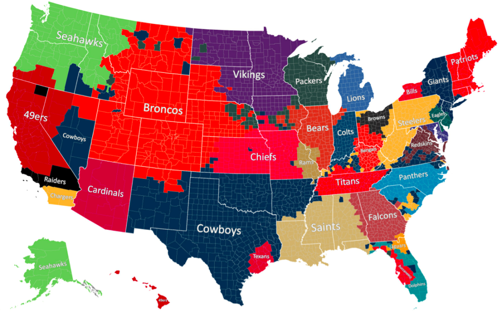 The Geography Of Nfl Fandom - The Atlantic | Map of USA with Nfl Teams