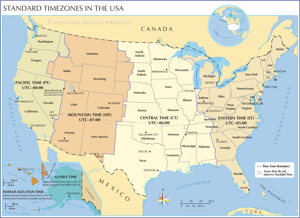 Time Zone Map Of The United States - Nations Online Project | Time Zone Map of USA with Cities