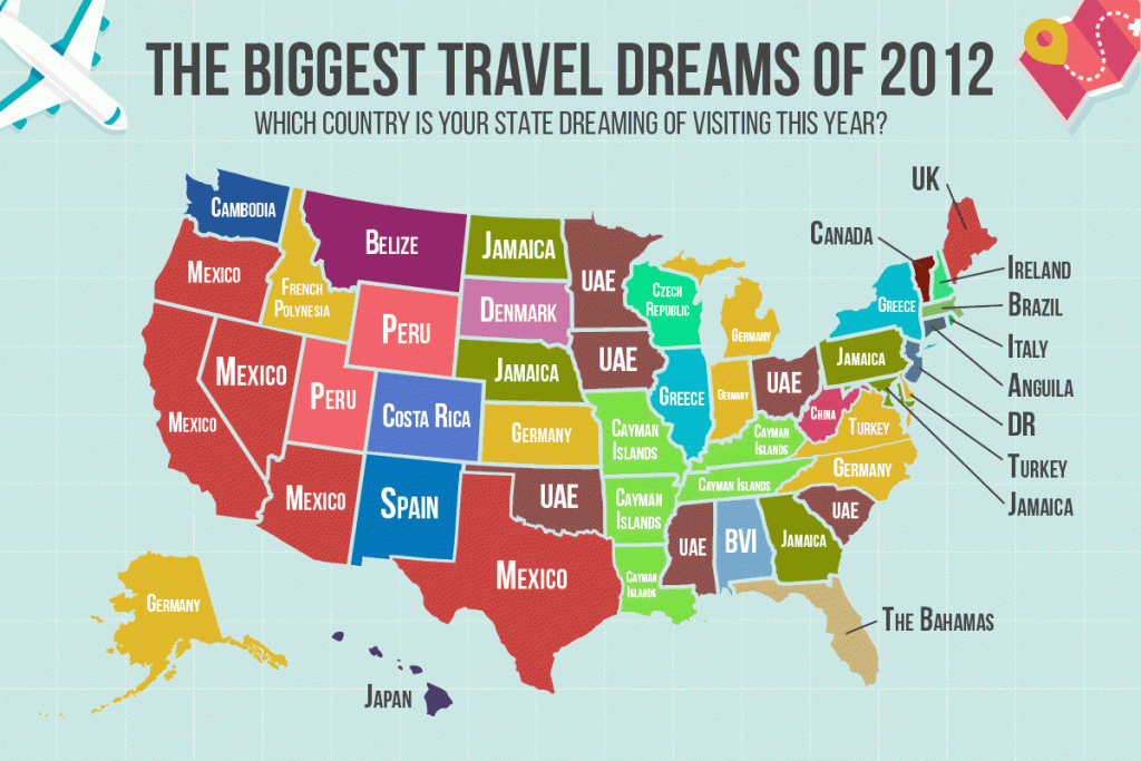 Top Desired Travel Destination For Each U.s. State (2012 - 2017 | Map Of Usa Vacation Spots