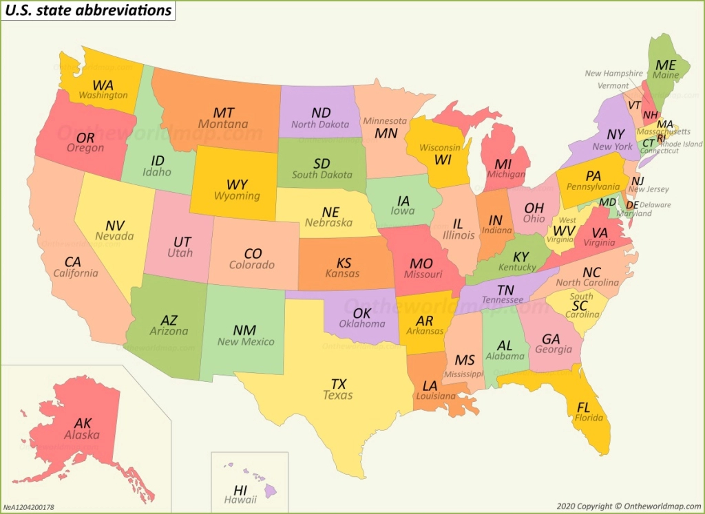 U.s. State Abbreviations Map - Ontheworldmap | Map Of Usa With Capitals And Abbreviations