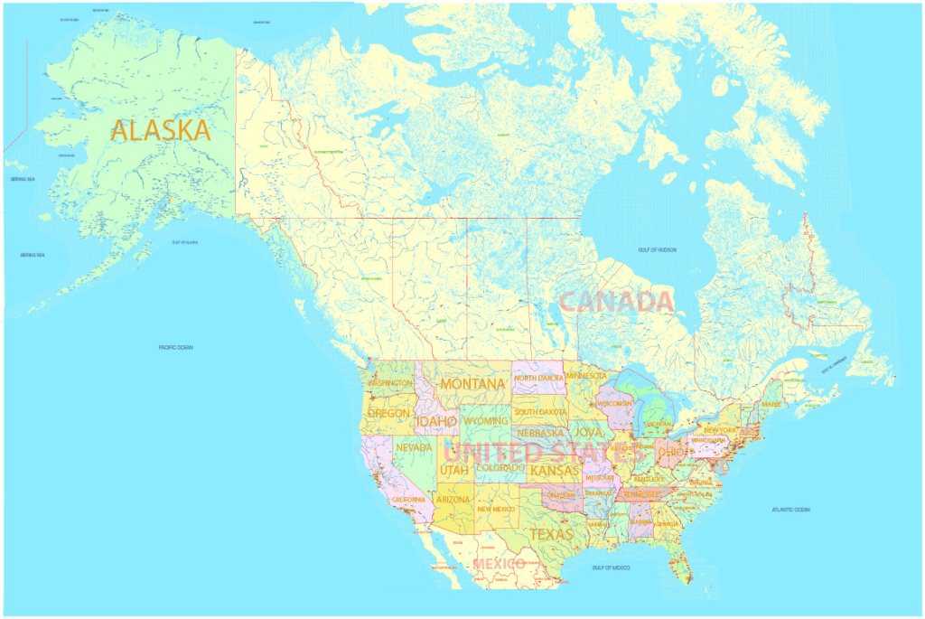 United States And Canada Printable Map 01 02 With All Roads, Cities, States, All Names, Exact Vector Map, V.7. Fully Editable, Adobe Illustrator | Map of USA and Canada Printable