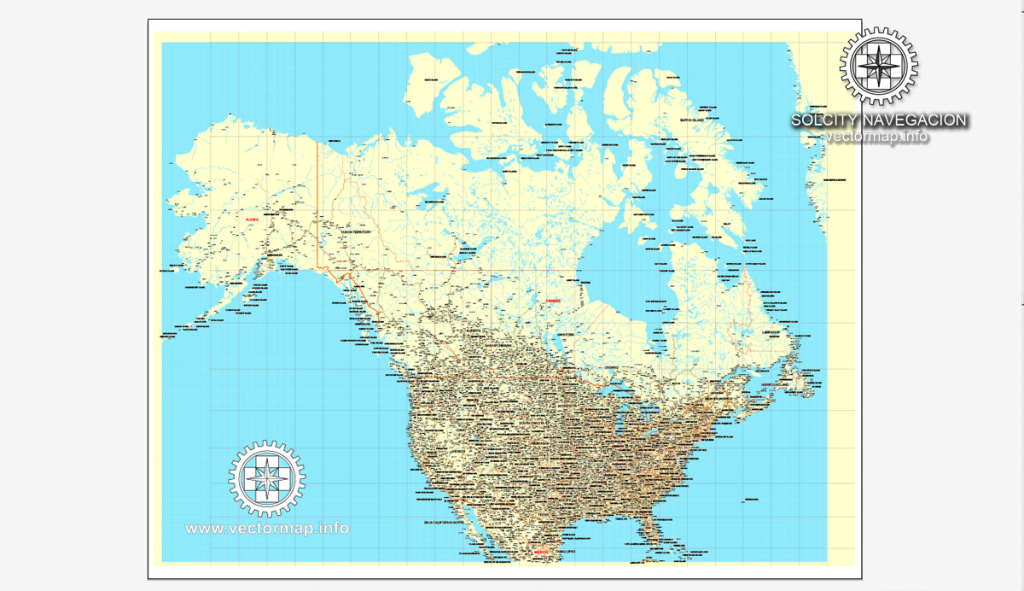 United States + Canada Printable Vector Counrty Road Map 01 02 Gps Correct Mercator Projection Editable Adobe Illustrator | Printable Road Map of USA and Canada