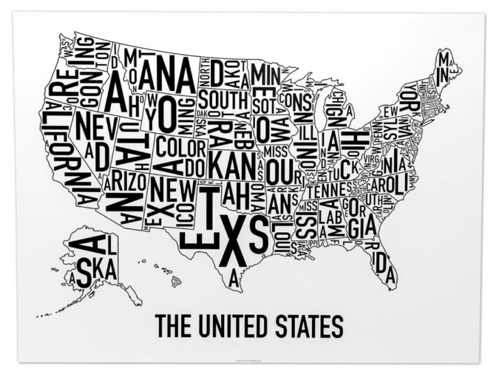 Black and White Map of USA with State Names