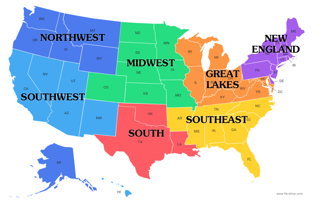 United States Region Maps - Fla-Shop | Map of USA Divided Into Regions