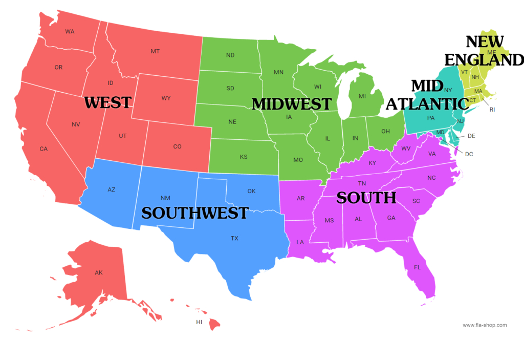 United States Region Maps - Fla-Shop | Map of USA with North South East West