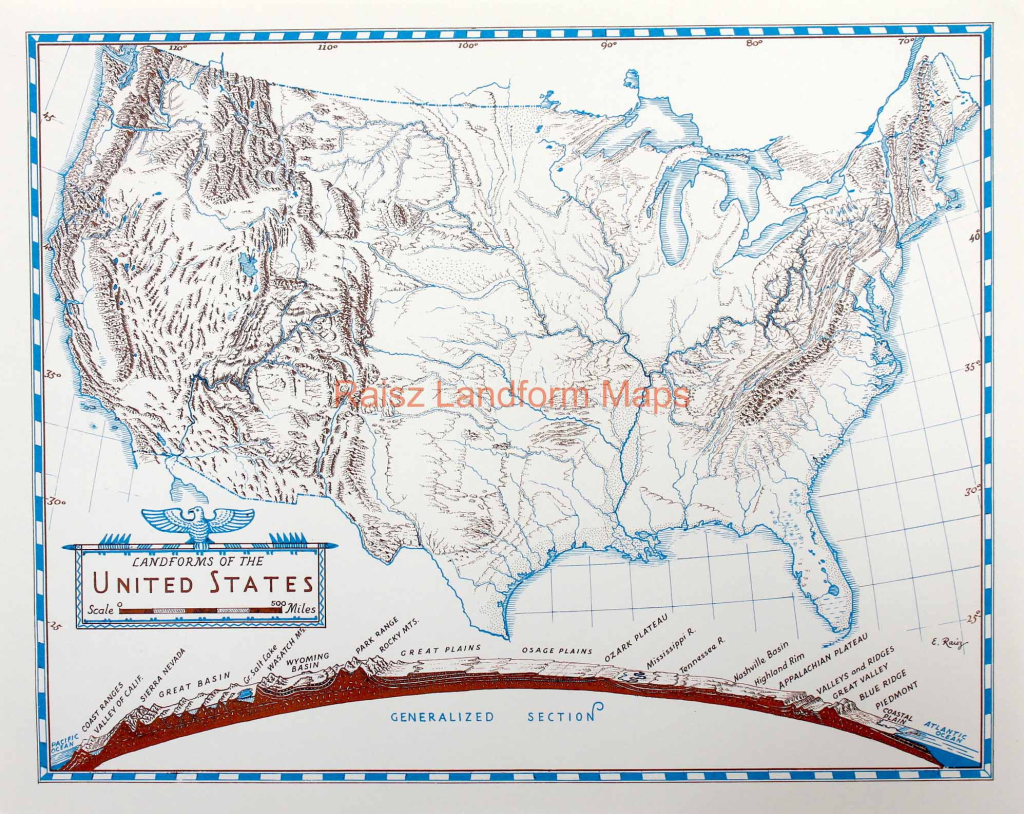 United States With Generalized Section – Raisz Landform Maps | Map of the USA with Landforms