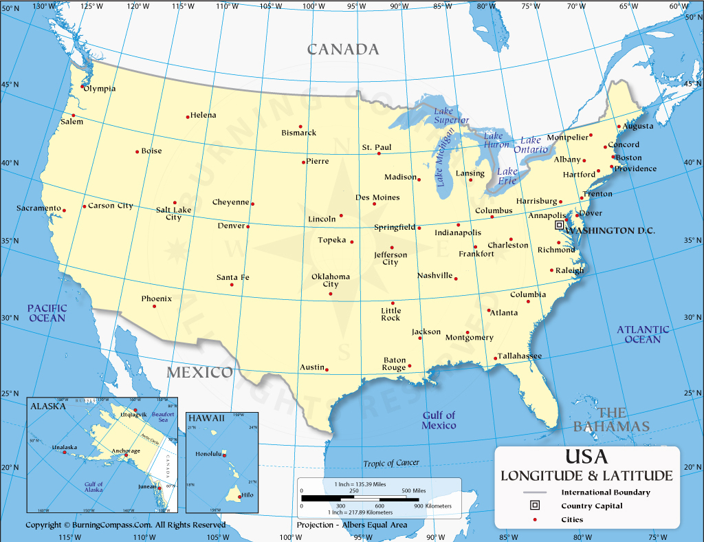 Us Latitude And Longitude Map With Cities | Map of USA with Latitude and Longitude