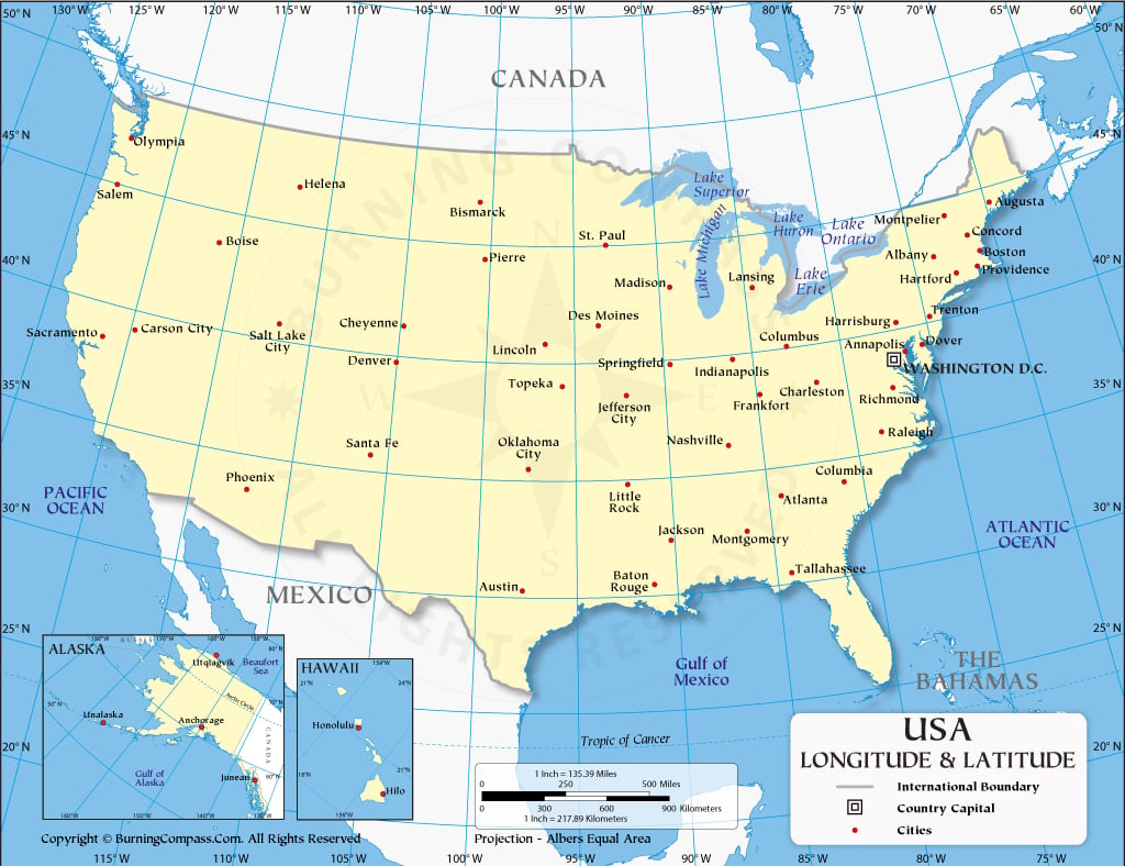 Us Latitude And Longitude Map With Cities | Map of USA with Latitude Lines
