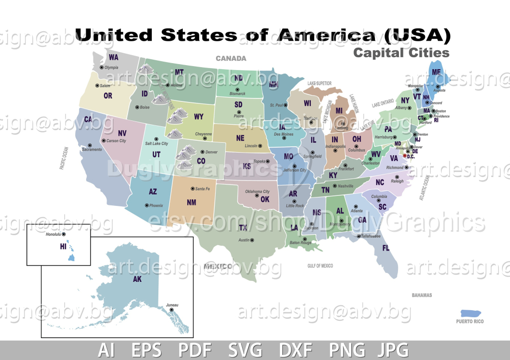 Usa State Capital Map: Vector Graphic (Digital Download) - Etsy | Map of USA with Abbreviations and Capitals