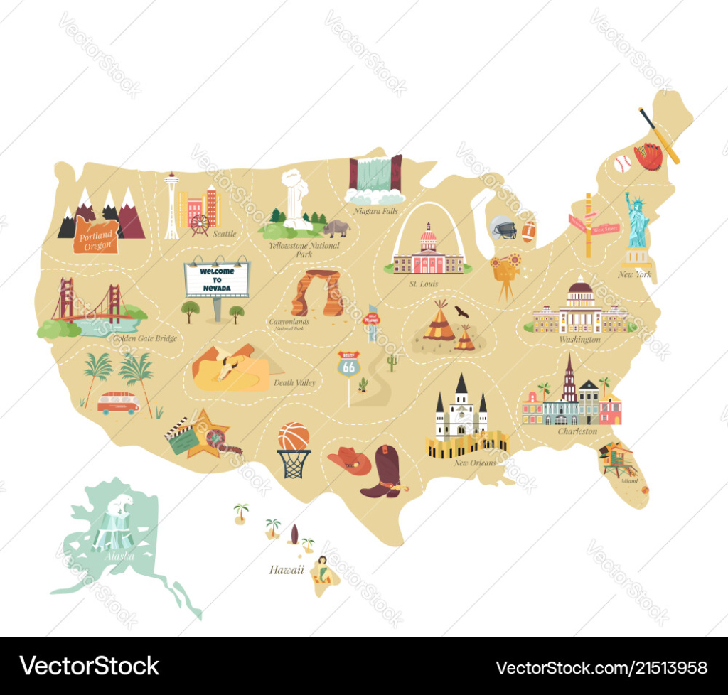 Usa Touristische Karte - Sehenswürdigkeiten Vektorbild | Map of USA with Landmarks