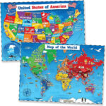 Usa & Weltkarte Poster Für Kinder   2 Stück   24 X 18 Zoll Laminiert Usa & | World Map Of The USA