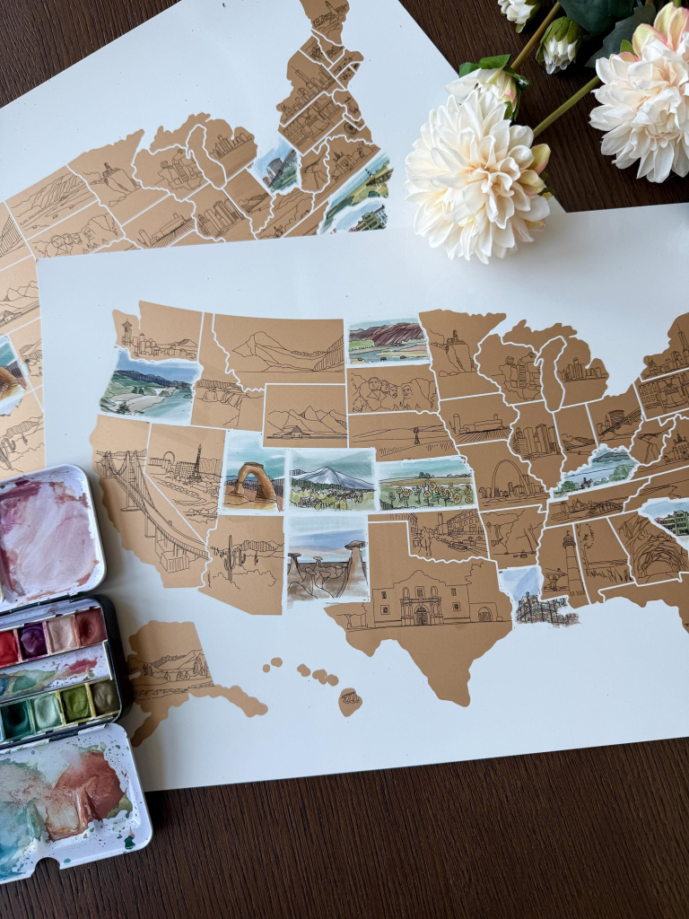 Watercolor Landmark Us Scratch Off Map | Usa Bucket List Map | Scratch Off Map of USA