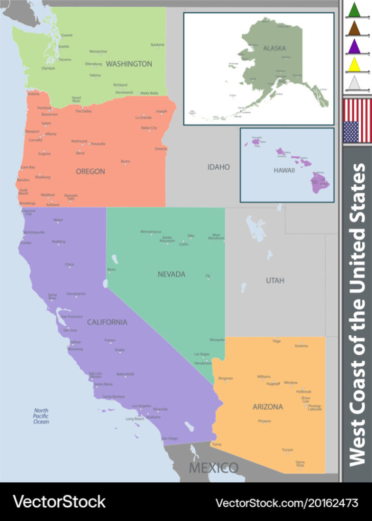 Map of West Coast of USA with States and Cities Map of West Coast of USA with States and Cities