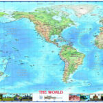 World Physical Wall Map W/Wonders Americas Centeredcompart | Map Of World With USA In Center