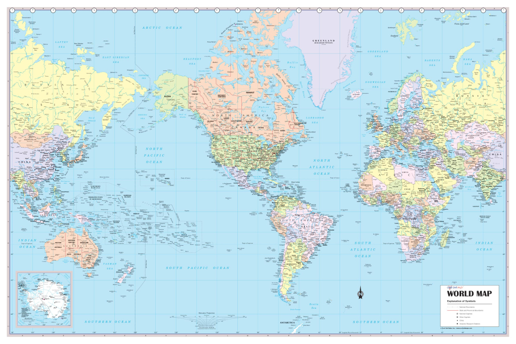 World Wall Map Usa Center Political Poster 36&amp;quot;X24&amp;quot; - Rolled | Map Of Usa In The World